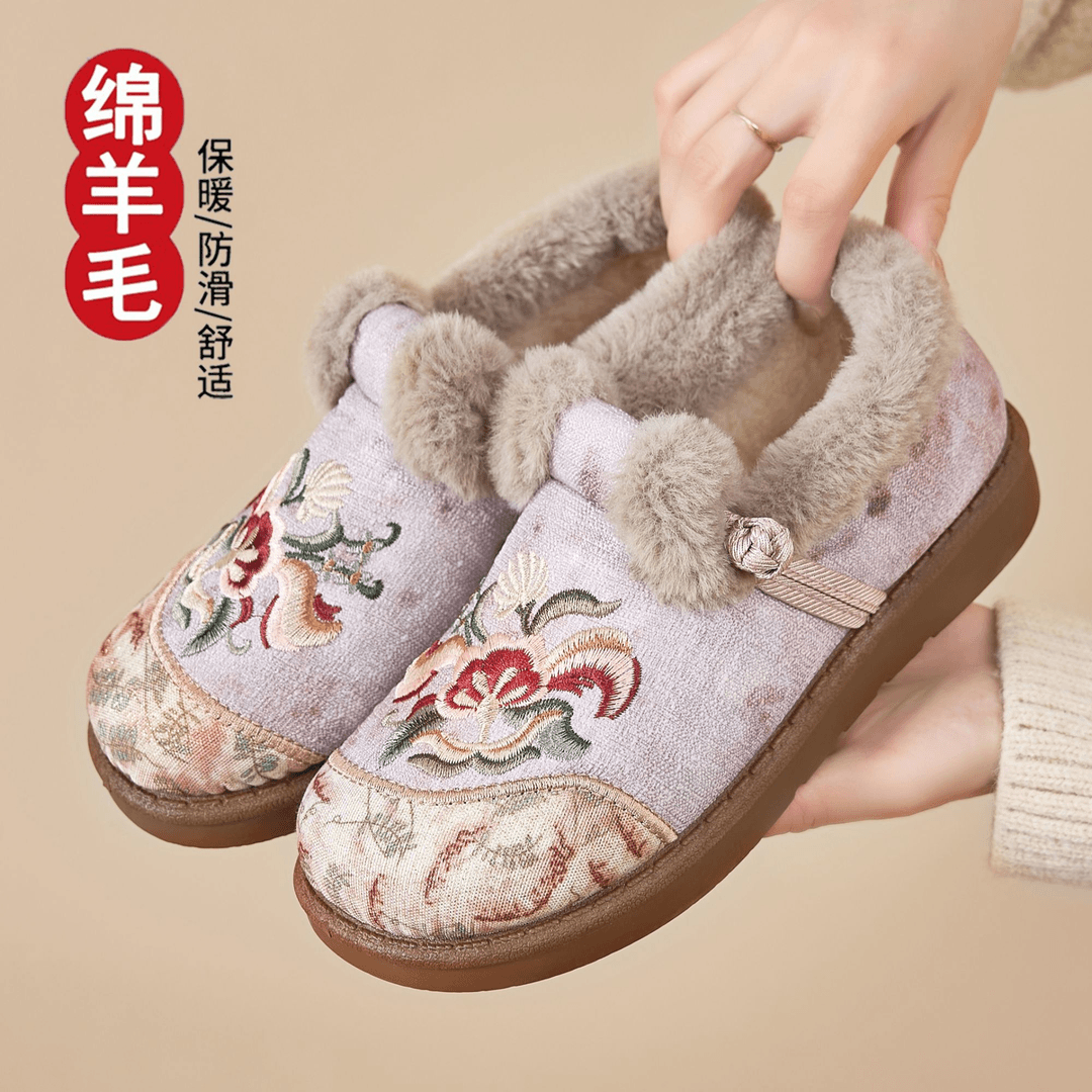 民族风刺绣羊毛棉靴防滑雪地靴