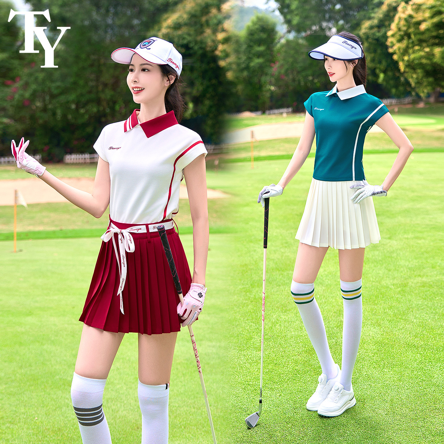 天宇夏季新款高尔夫女无袖Polo衫落肩T恤学院风短袖修身显瘦上衣