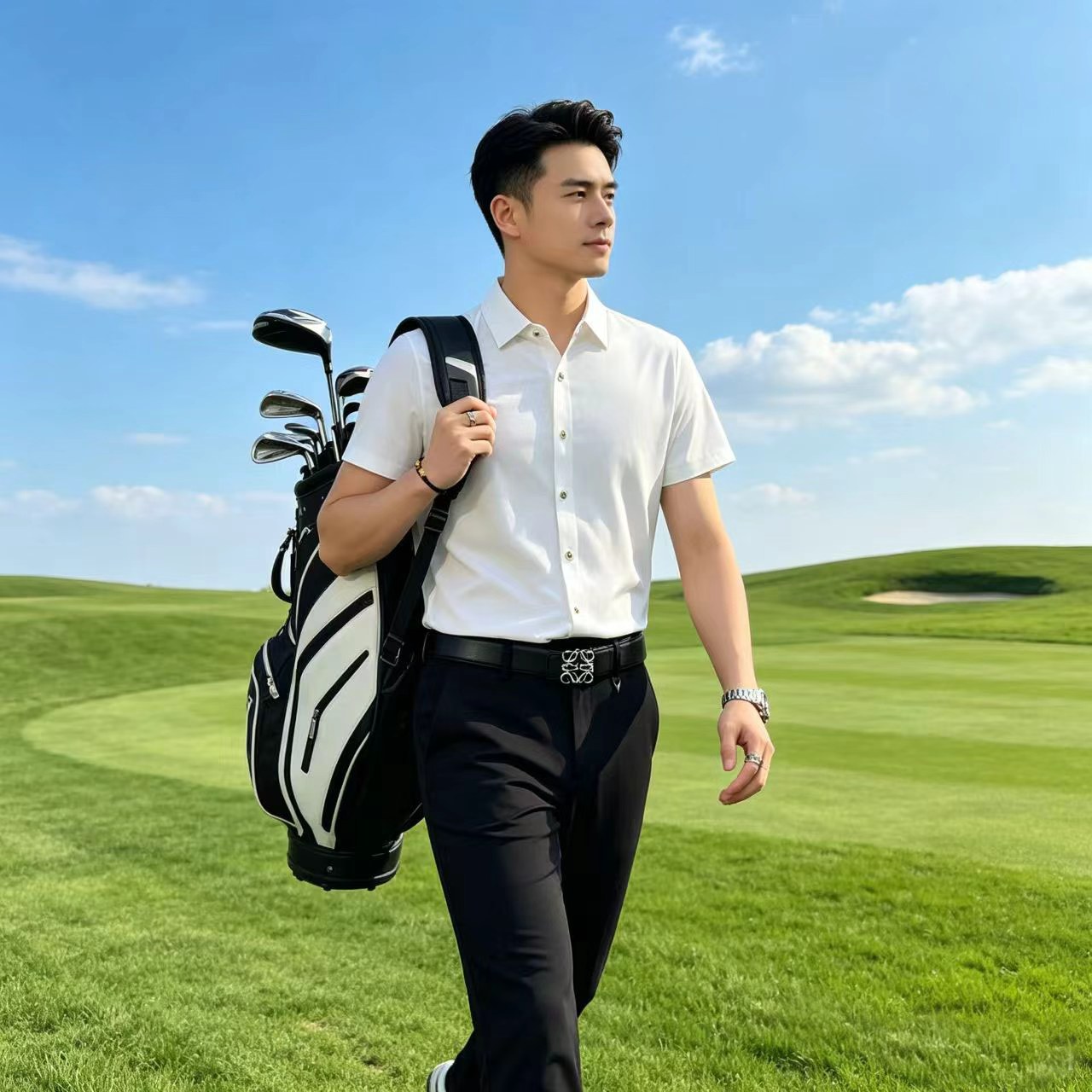 高尔夫服装男士短袖衬衫夏季圆领显瘦修身上衣百搭高尔夫运动服