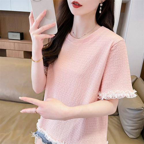蕾丝拼接短袖t恤女夏季2026新款宽松大尺码小个子百搭高级感0701k