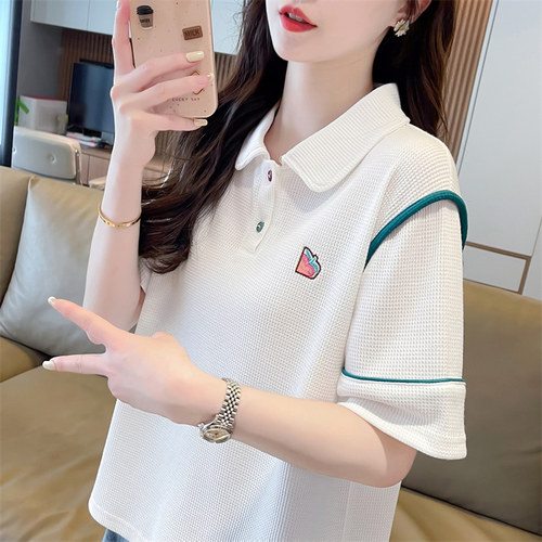 华夫格polo衫短袖t恤女夏装2026新款宽松大尺码小个子假两件0701k
