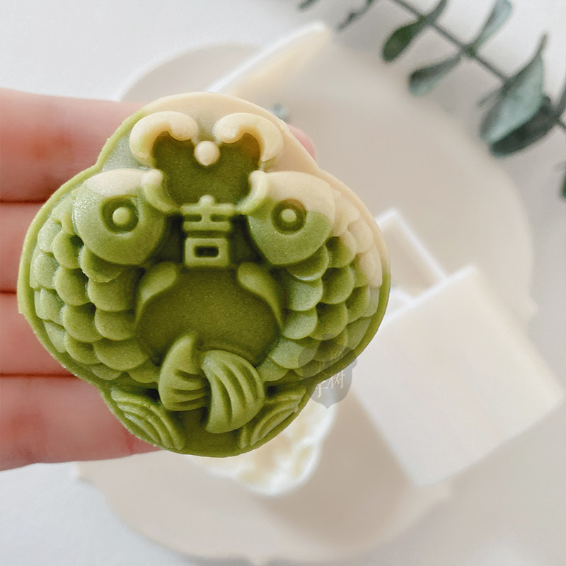 63g新款中式异形吉祥双鲤绿豆糕点月饼模具连鲤双鱼中秋节日