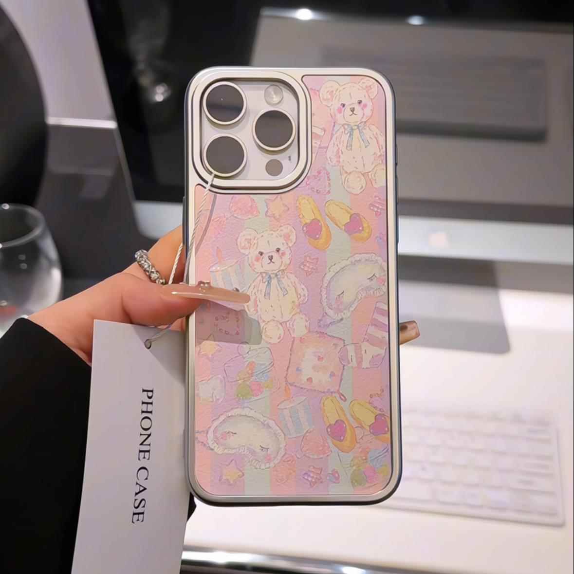 油画手机壳小熊适用电镀苹果16pro银框皮革华为pura80风iPhone15Promax女小米14/vivo周边OPPO/13/12/11/x荣