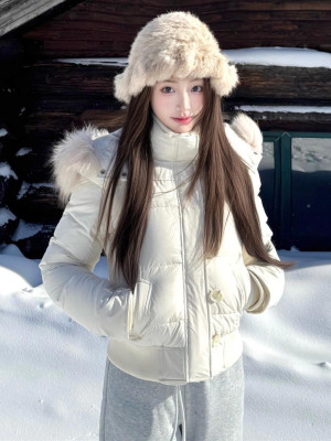 高级感内里加厚羊羔毛羽绒棉服女秋冬季新款毛领短款保暖棉袄外套