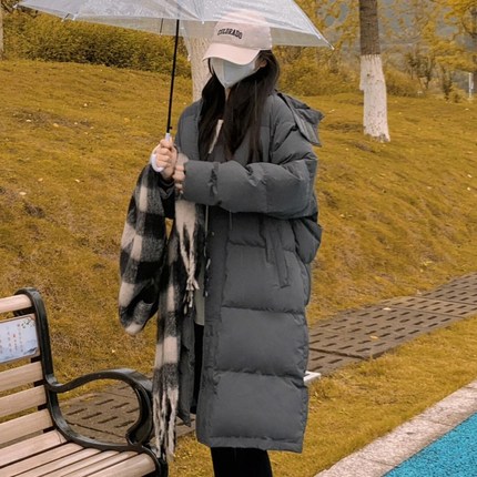 灰色长款加厚保暖羽绒棉服女2024秋冬季新品设计感小众过膝外套潮
