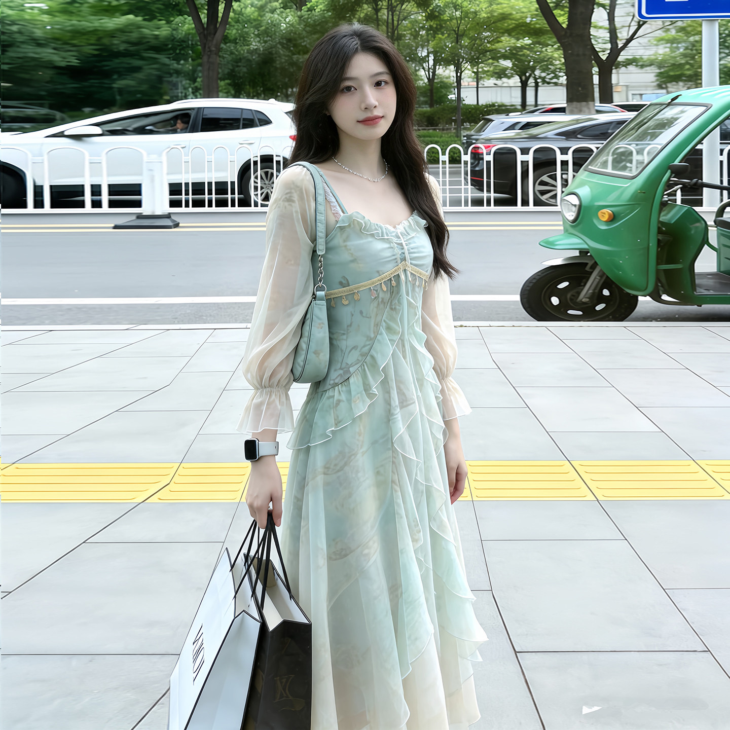 【流岚织梦】法式小众荷叶边雪纺连衣裙女长袖2026春夏季新款长裙