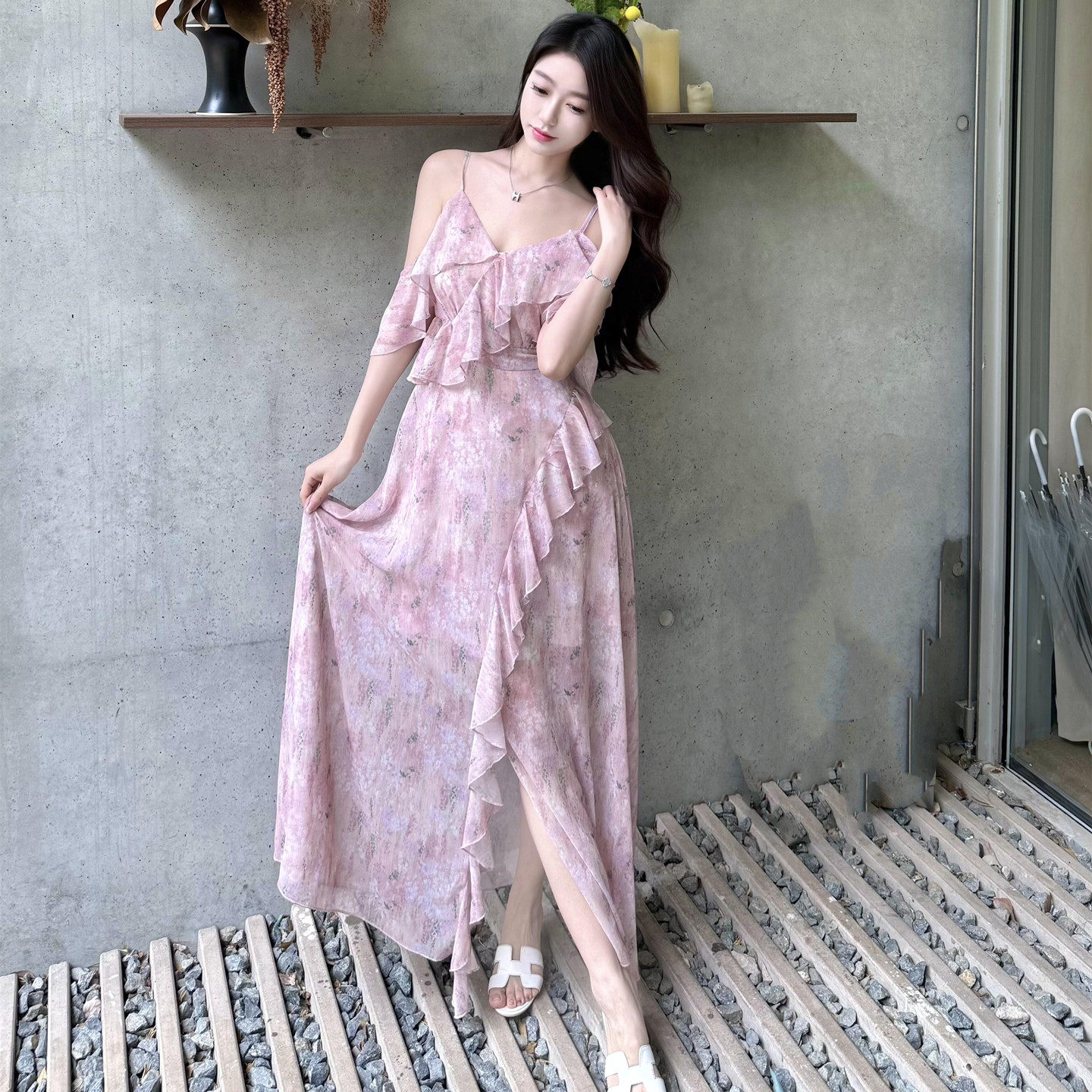 【欧若绮梦】茶歇法式雪纺连衣裙女夏温柔度假风收腰粉色碎花长裙