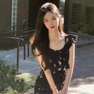 【夏夜蝶影】飞飞袖蝴蝶印花鱼尾裙小个子无袖碎花中长款连衣裙夏