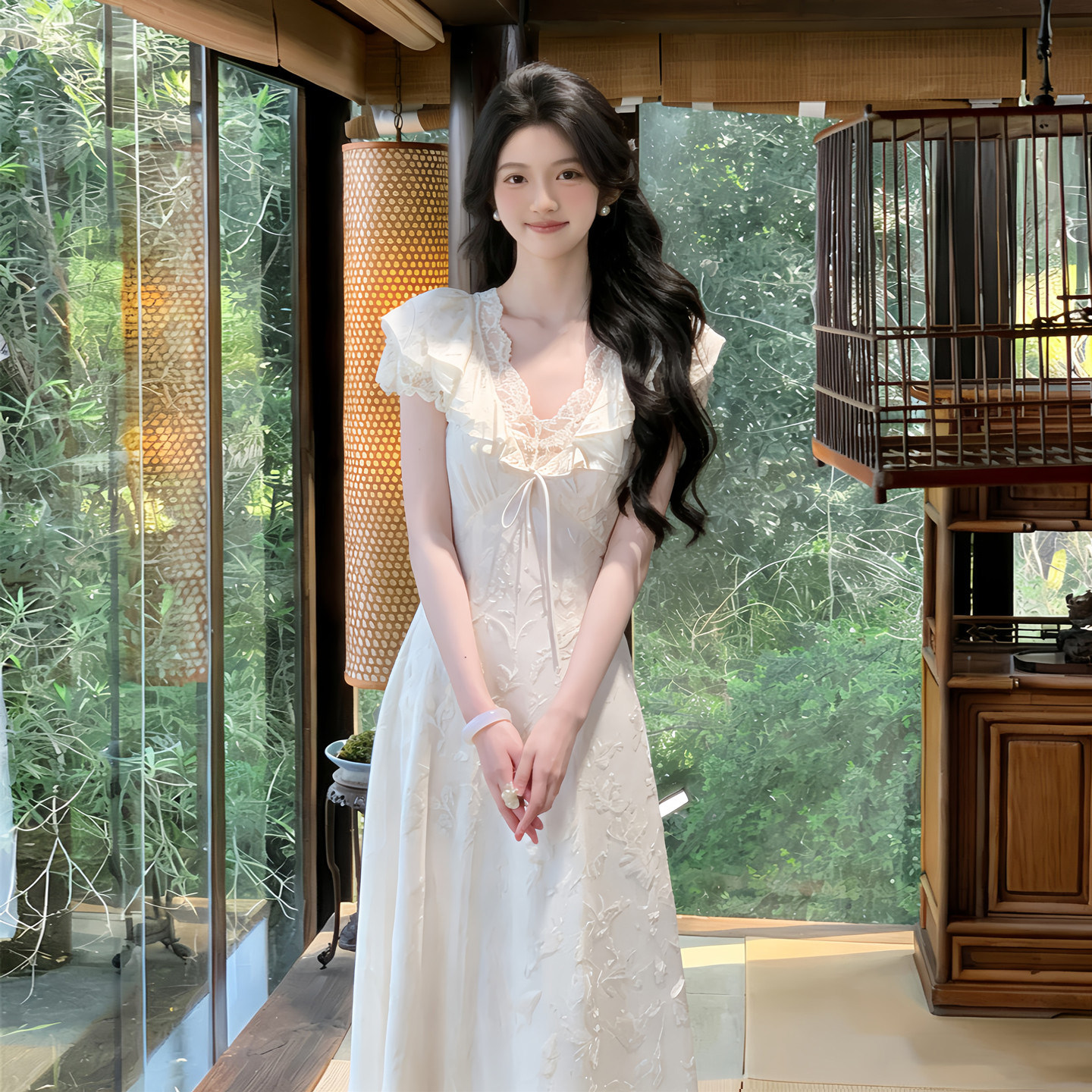 【微甜茉莉】法式复古蕾丝花边连衣裙女夏初恋绝美掐腰显瘦长裙子