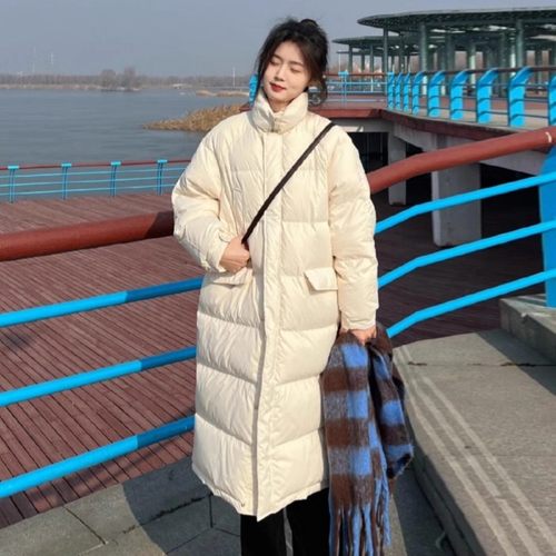 奶白90白鸭绒长款羽绒服外套