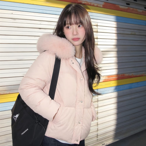 大毛领连帽短款羽绒棉服女冬外套