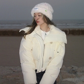 新品 小个子短款 羽绒棉服女2025秋冬季 设计感羊羔毛翻领面包服外套