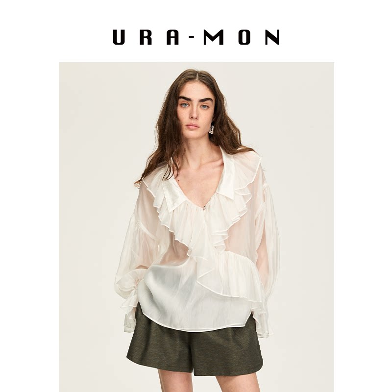 URA-MON｜醋酸荷叶边衬衫女款春季新款长袖宽松上衣设计感