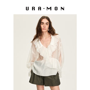 URA-MON｜醋酸荷叶边衬衫女款春季新款长袖宽松上衣设计感