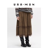 URA MON｜麂皮拼接镂空蕾丝半裙高腰a字中长裙秋冬季 设计感咖色
