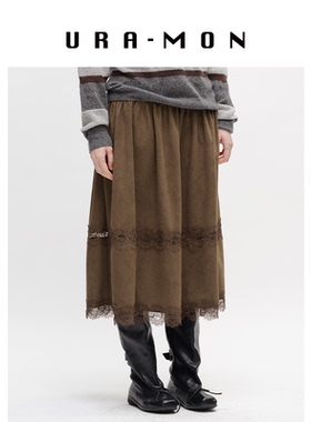 URA-MON｜麂皮拼接镂空蕾丝半裙高腰a字中长裙秋冬季设计感咖色