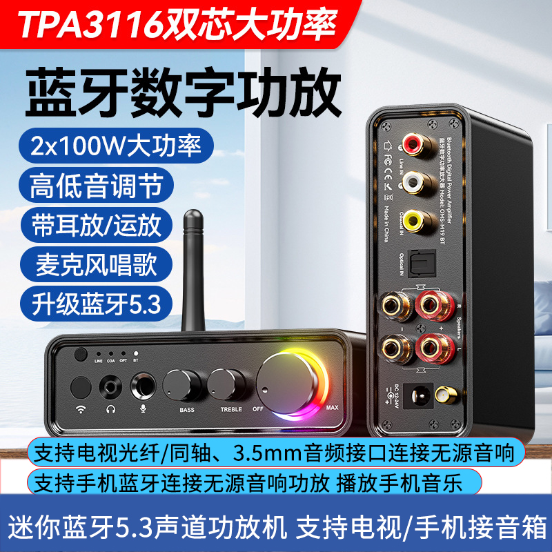 HIFI迷你小型200W功放机发烧级5.3蓝牙立体声解码无源音响放大器