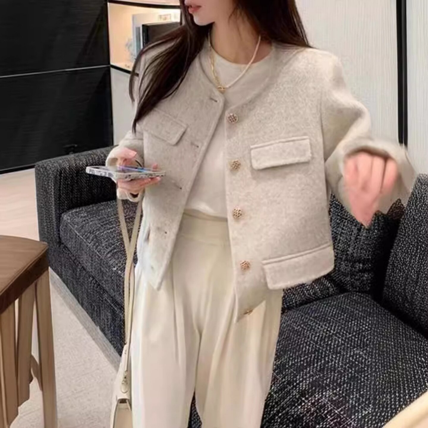 小香风羊毛双面呢短款单排扣外套