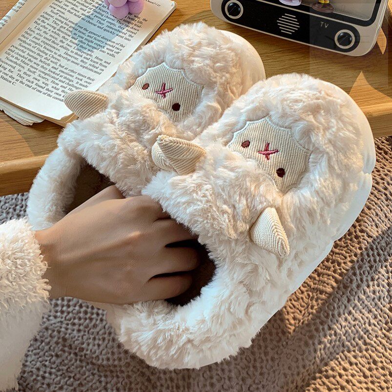 可爱小绵羊棉拖鞋秋冬新款女士居家室内厚底防滑毛绒包跟保暖毛拖