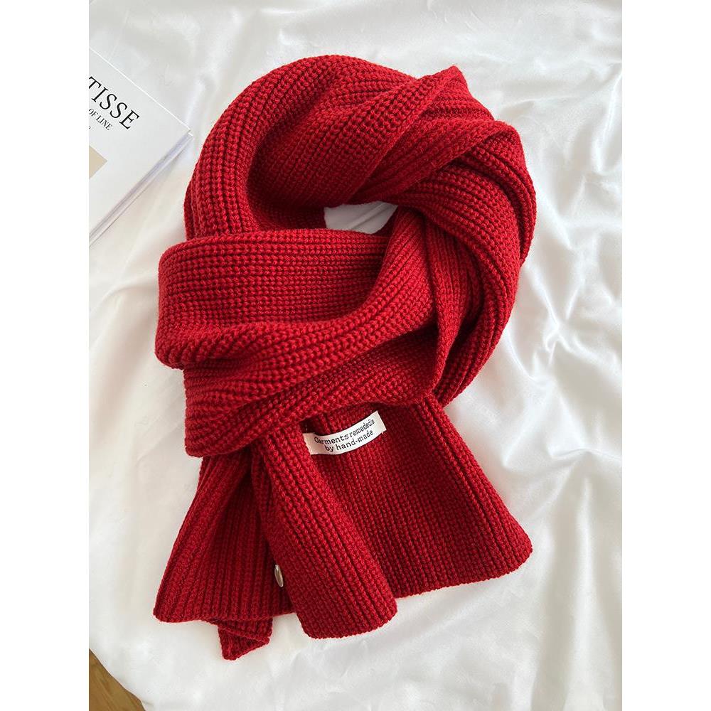 韩系绵羊毛针织毛线围巾女秋冬氛围感显白加厚保暖纯色围脖情侣款