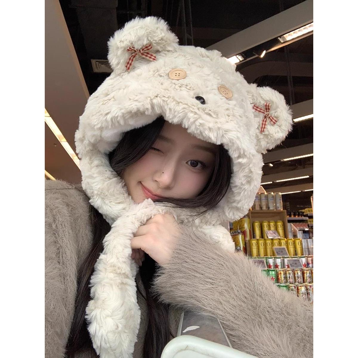 卡通小熊毛绒帽子女秋冬围巾帽子一体加厚保暖防风围脖雷锋帽闺蜜