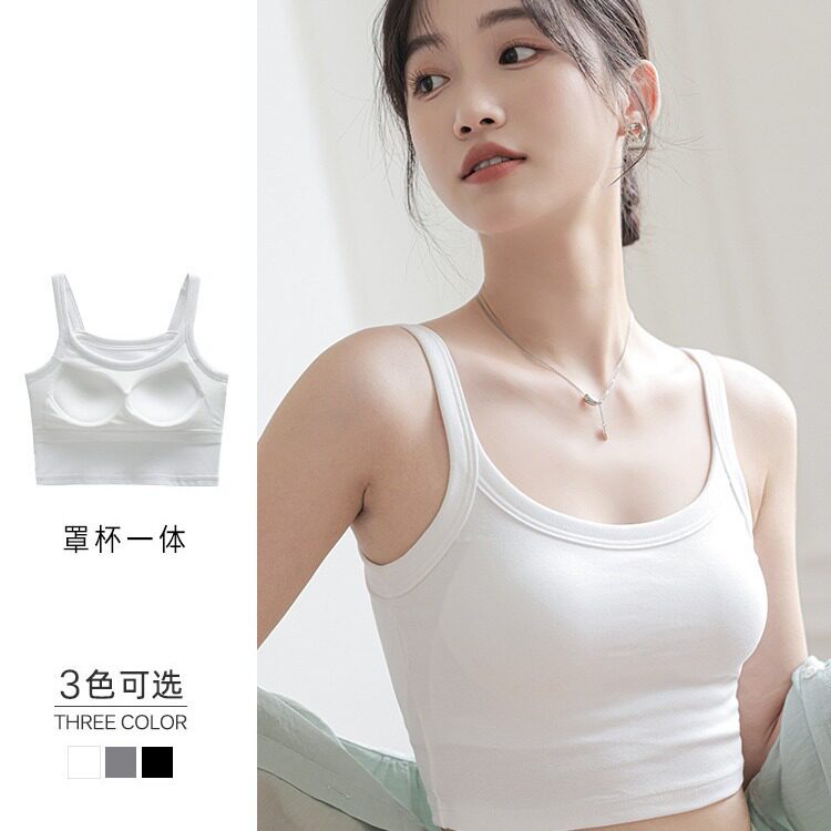 纯棉美背吊带背心女带胸垫一体式外穿内搭运动美背打底抹胸上衣女