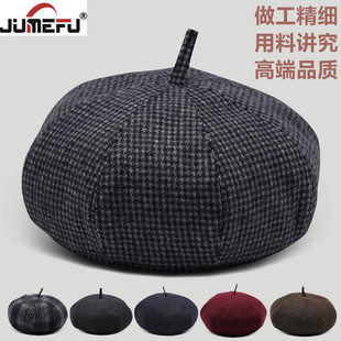 春秋冬季帽子男士羊毛呢贝雷帽中老年人老头八角帽南瓜画家帽女士