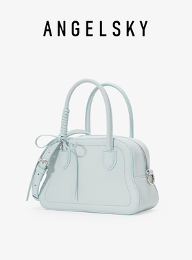 ANGELSKY斜挎包女新款秋冬保龄球包小众蝴蝶结波士顿包包粉色
