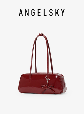 ANGELSKY腋下包女新款保龄球包蝴蝶结小众法棍包红色包包原创婚包