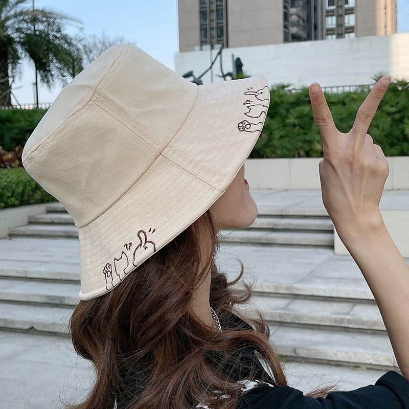 猫咪刺绣渔夫帽女夏季韩版百搭日帽子