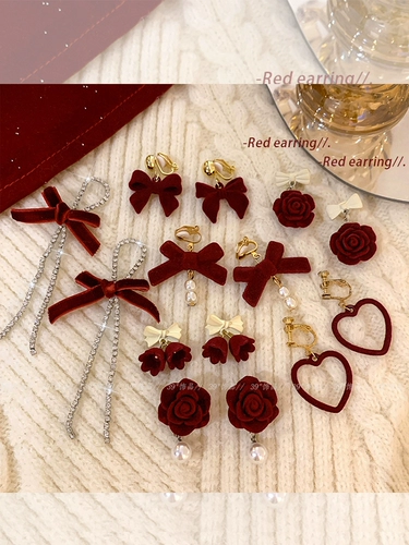 Бордовые клипсы с бантиком, небольшие дизайнерские серьги, коллекция 2023, без проколов ушей