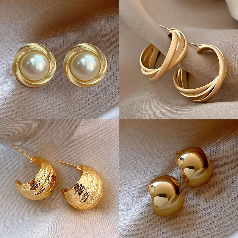 拉丝金属耳环网红耳钉仿珍珠耳饰
