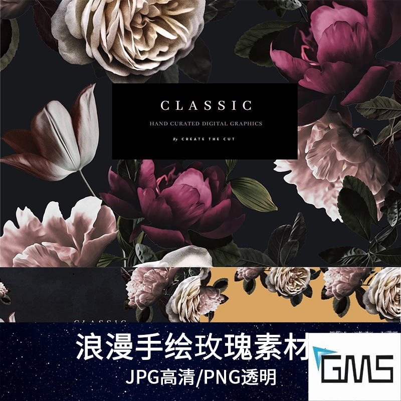 复古手绘玫瑰花卉植物花朵插画PNG免抠图案后期合成PS设计元素材