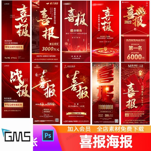 企业房地产电商销售业绩荣誉榜战报喜报获奖红色系列海报PSD模板