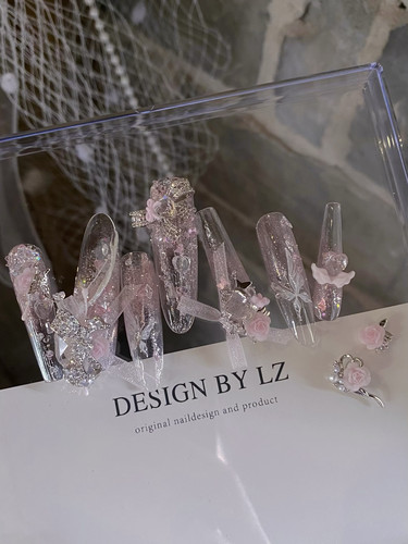 正品LZ高定【白桃蔷薇】冰卒晶粉玫瑰手工组钻独家设计款美甲饰品