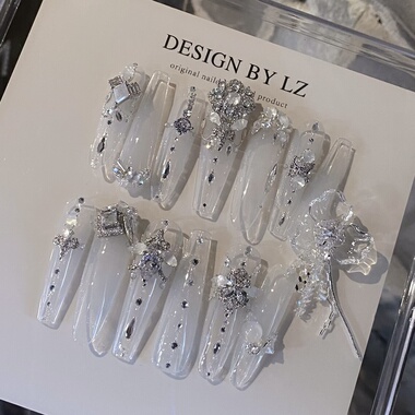 正品LZ高定美甲饰品【沪上千金. 白】拼钻｜爆闪锆石裸色纯欲绝搭
