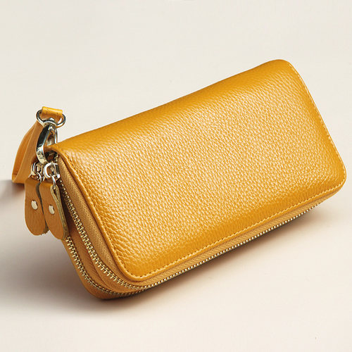 牛皮招财长款金色双拉链手拿包