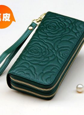 真皮女士钱包长款双层拉链手拿包绿色大容量时尚软牛皮手机包黄色