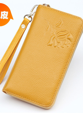 钱包女真皮长款黄色拉链款女式手抓包牛皮钱夹子大容量招财手拿包