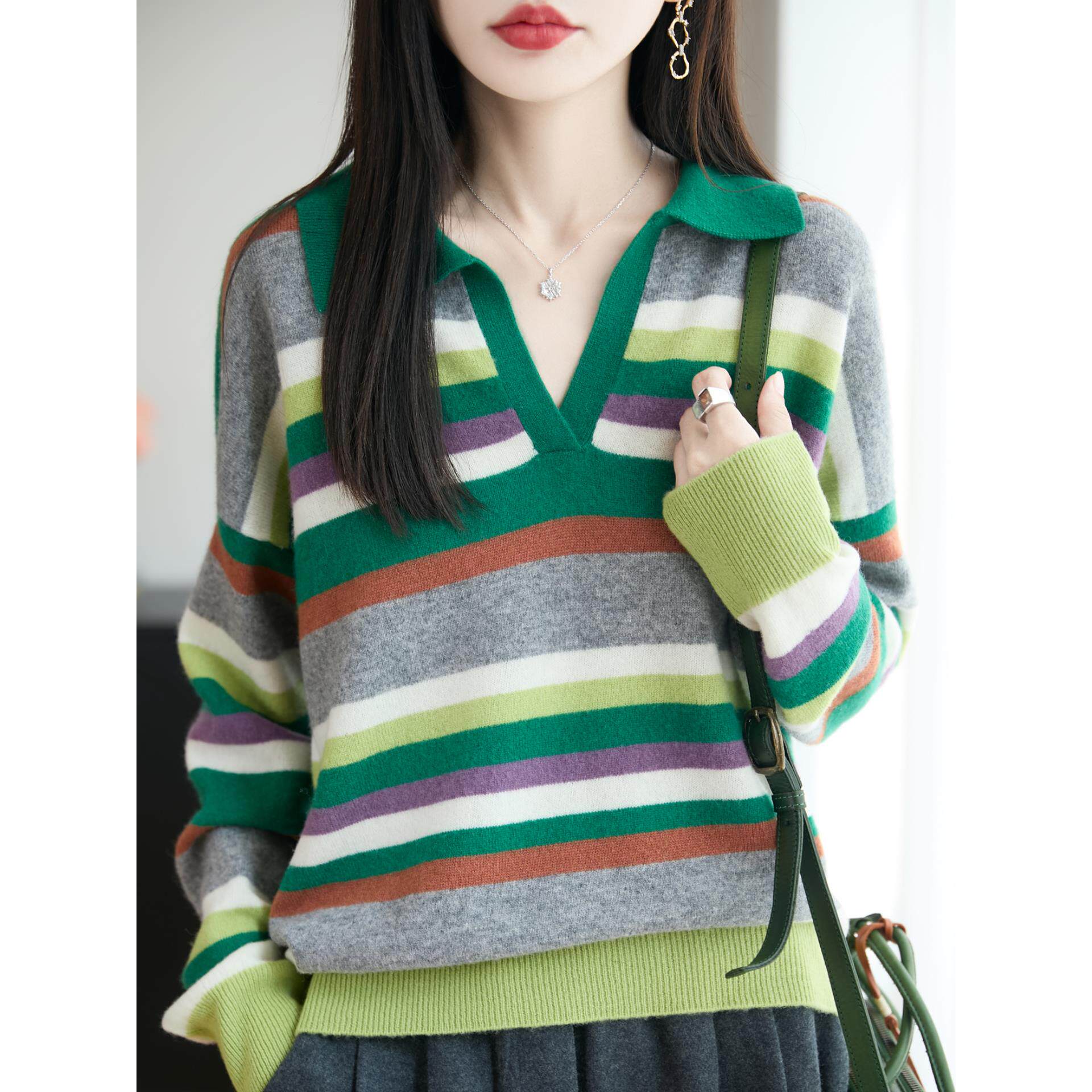 ROUMIKL彩虹条纹polo领上衣女100纯衫秋冬欧货宽松慵懒软糯针织毛