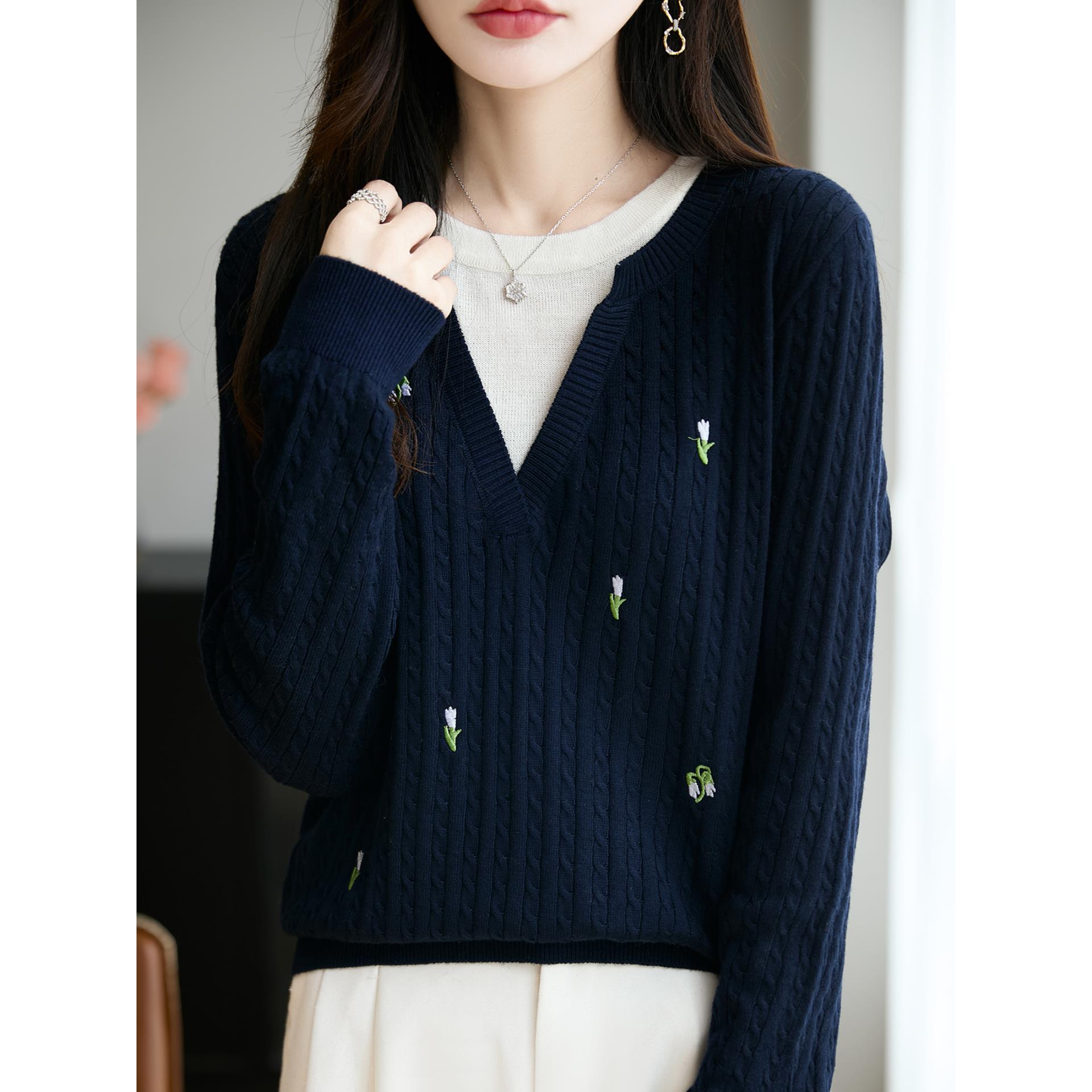 ROUMIKL25秋冬新款撞色假两件针织衫女刺绣休闲长袖上衣小个子打