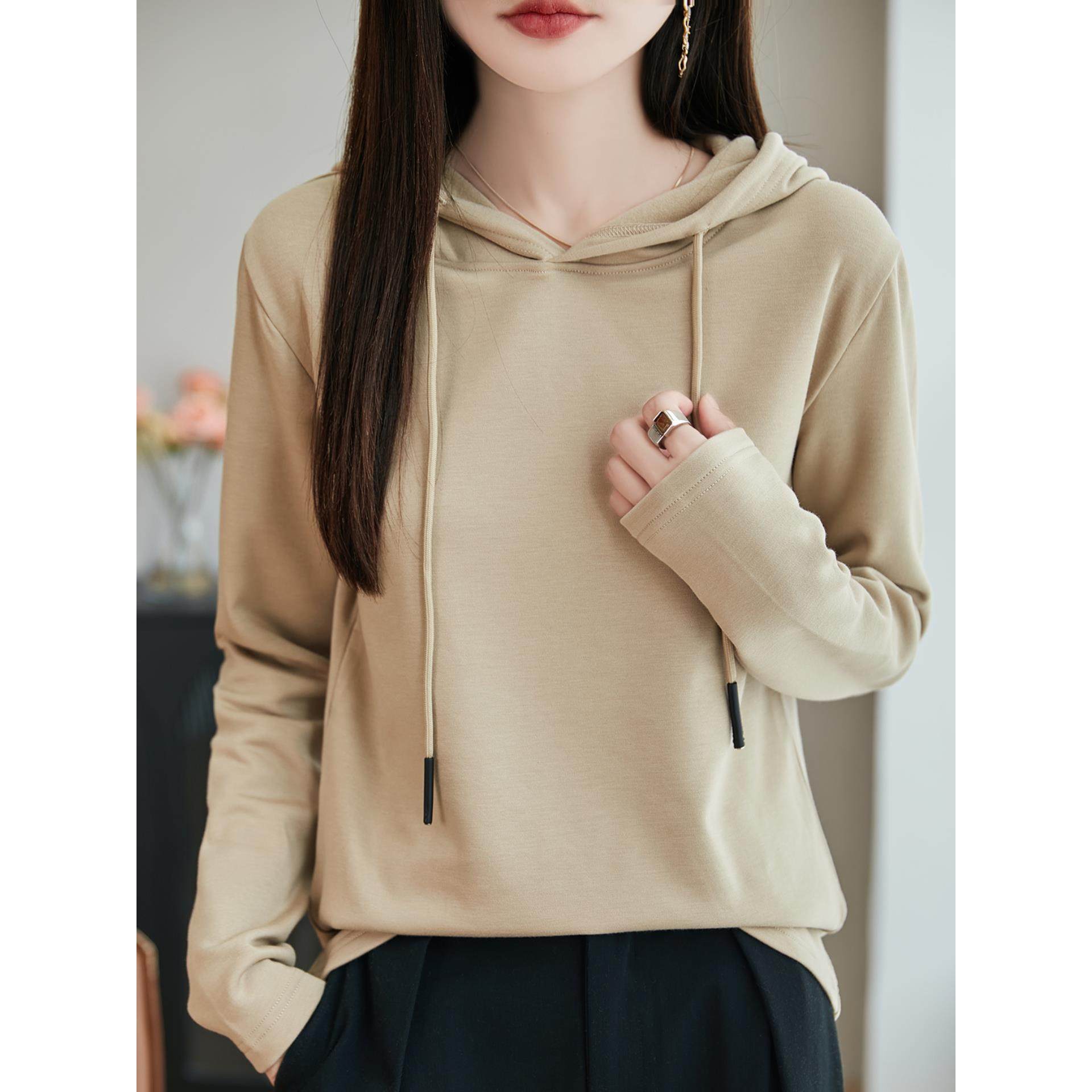 ROUMIKL秋冬新款加绒连帽卫衣女时尚宽松休闲长袖T恤磨毛打底衫显