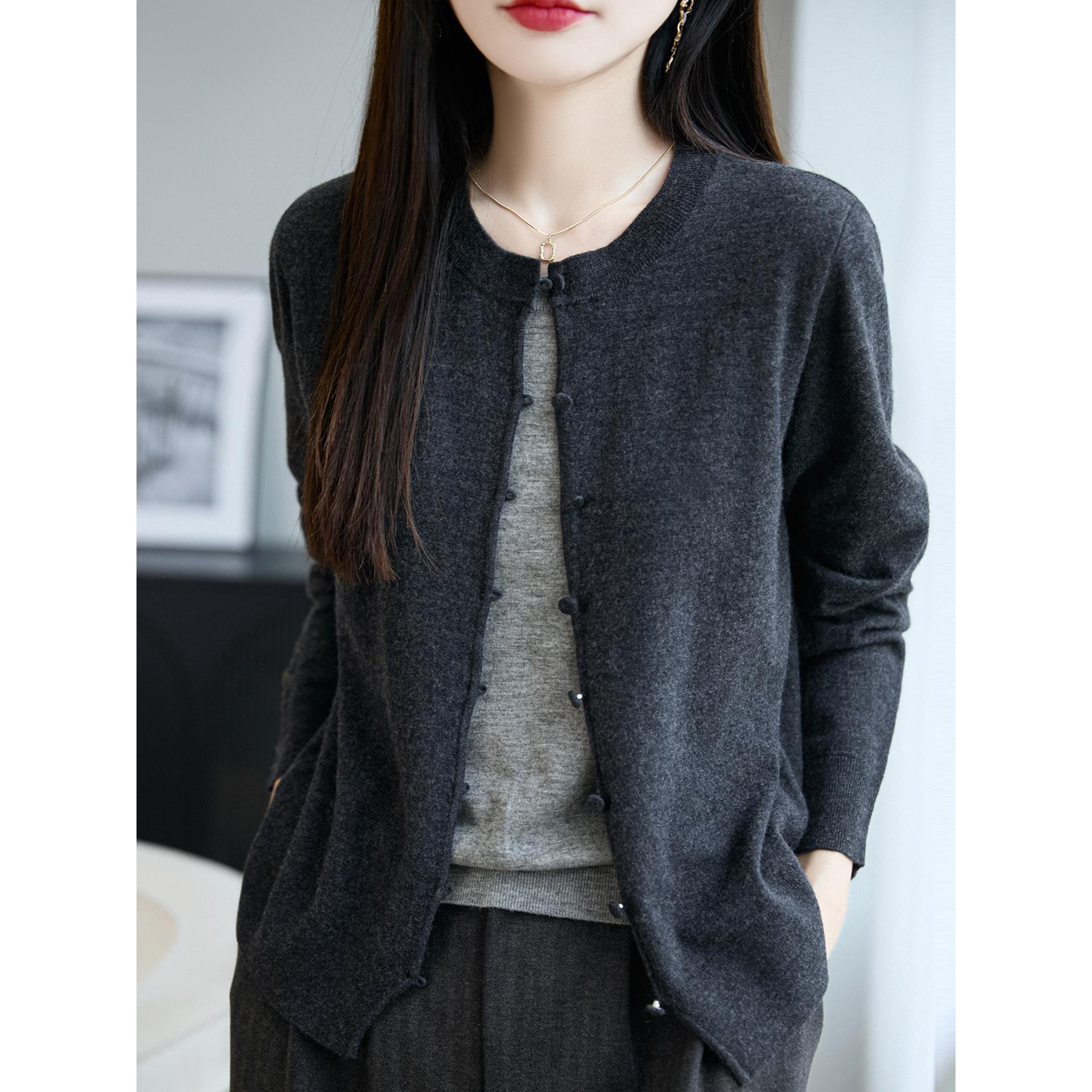 ROUMIKL法式高端假两件针织衫女2025新款48支精纺纯假开衫套头打