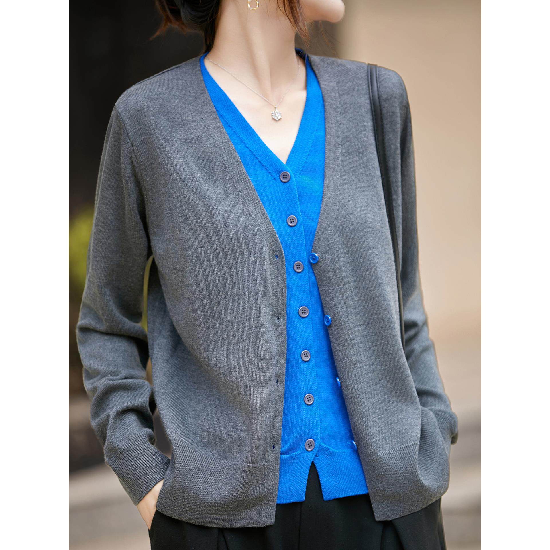 ROUMIKL假两件撞色V领针织开衫女2025秋冬新款高级感显瘦毛衣外套