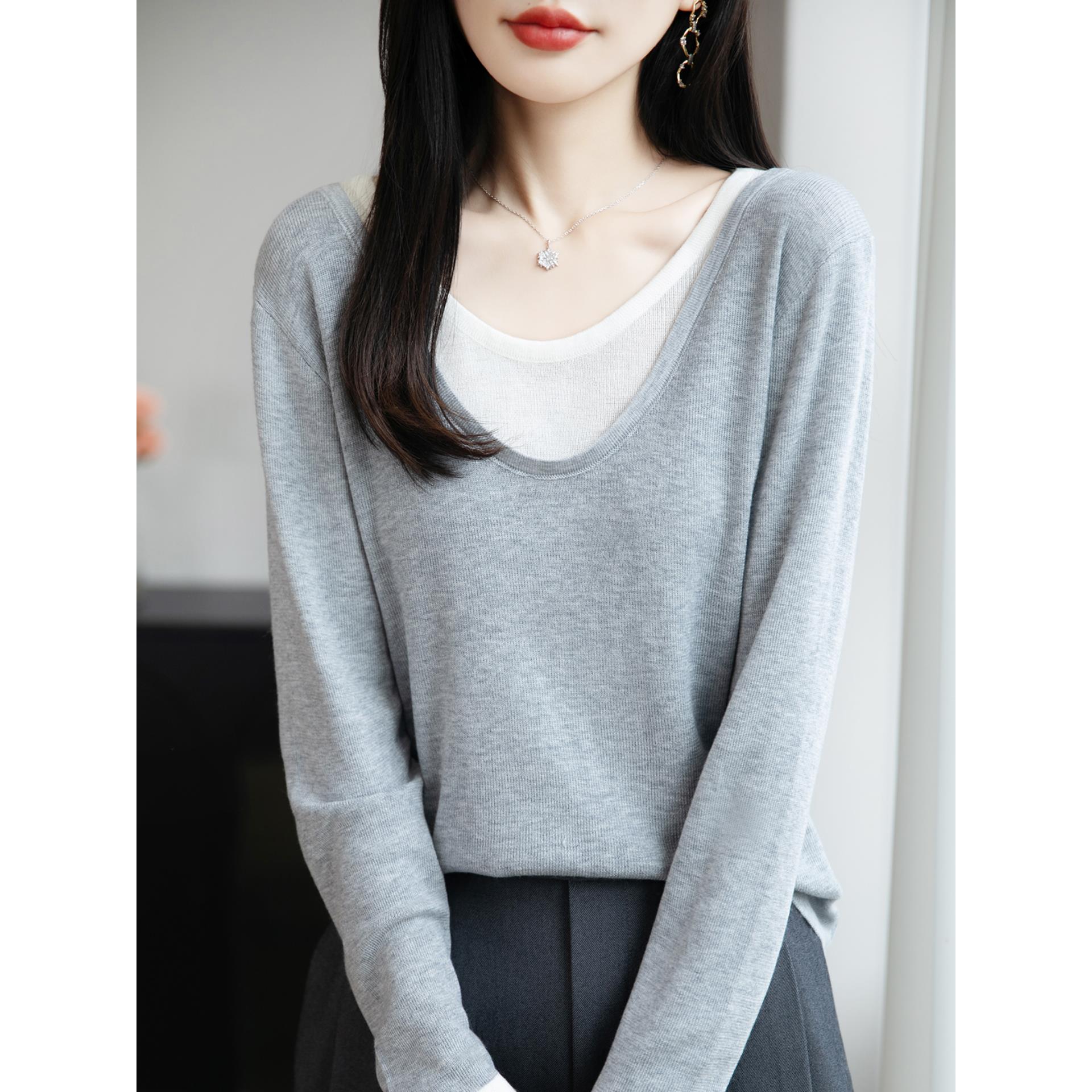 ROUMIKL法式假两件针织衫女2025新款长袖保暖打底毛衣小衫洋气拼