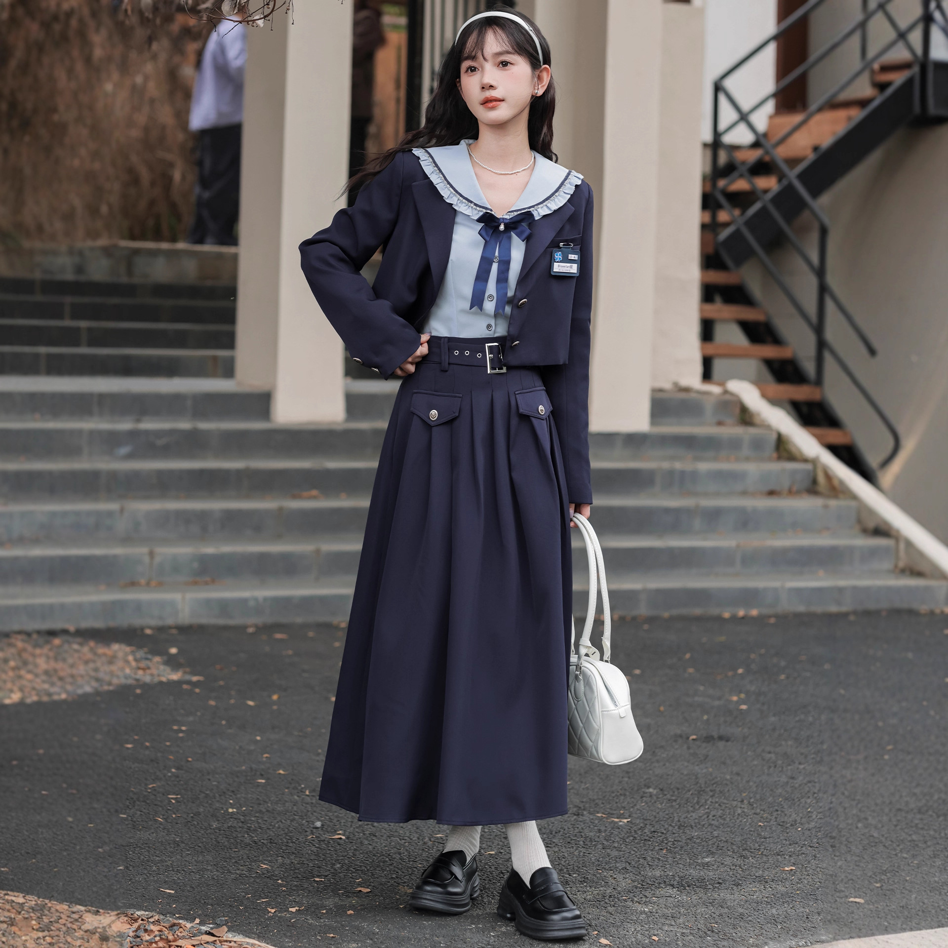 学院风百搭秋季海军领衬衫百褶半身裙西装外套三件套女制服套装裙