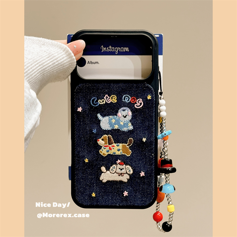 MoreRex韩系牛仔刺绣星星小狗适用苹果17手机壳iphone16promax新款15pro带链条14防摔保护套13卡通超火17女款