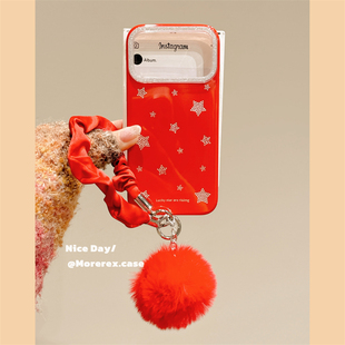 MoreRex新年简约大气细闪红色星星适用苹果17手机壳iphone16promax新款15pro毛球挂绳14防摔保护套13双层17女