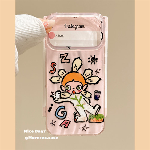 MoreRex ins涂鸦趣味卡通花朵小女孩适用苹果17手机壳iphone16promax新款17pro小众14防摔保护套13创意15全包