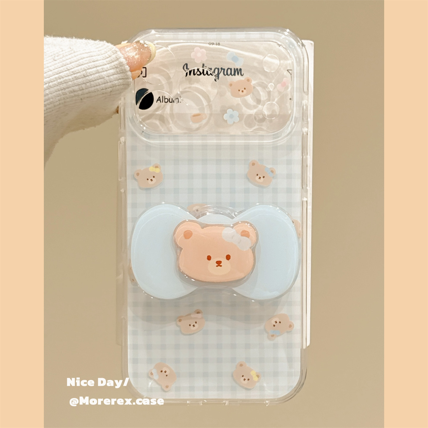 MoreRex ins可爱蓝格纹蝴蝶结小熊支架适用苹果18手机壳iphone17promax新款18pro全包15防摔保护套14女16磨砂